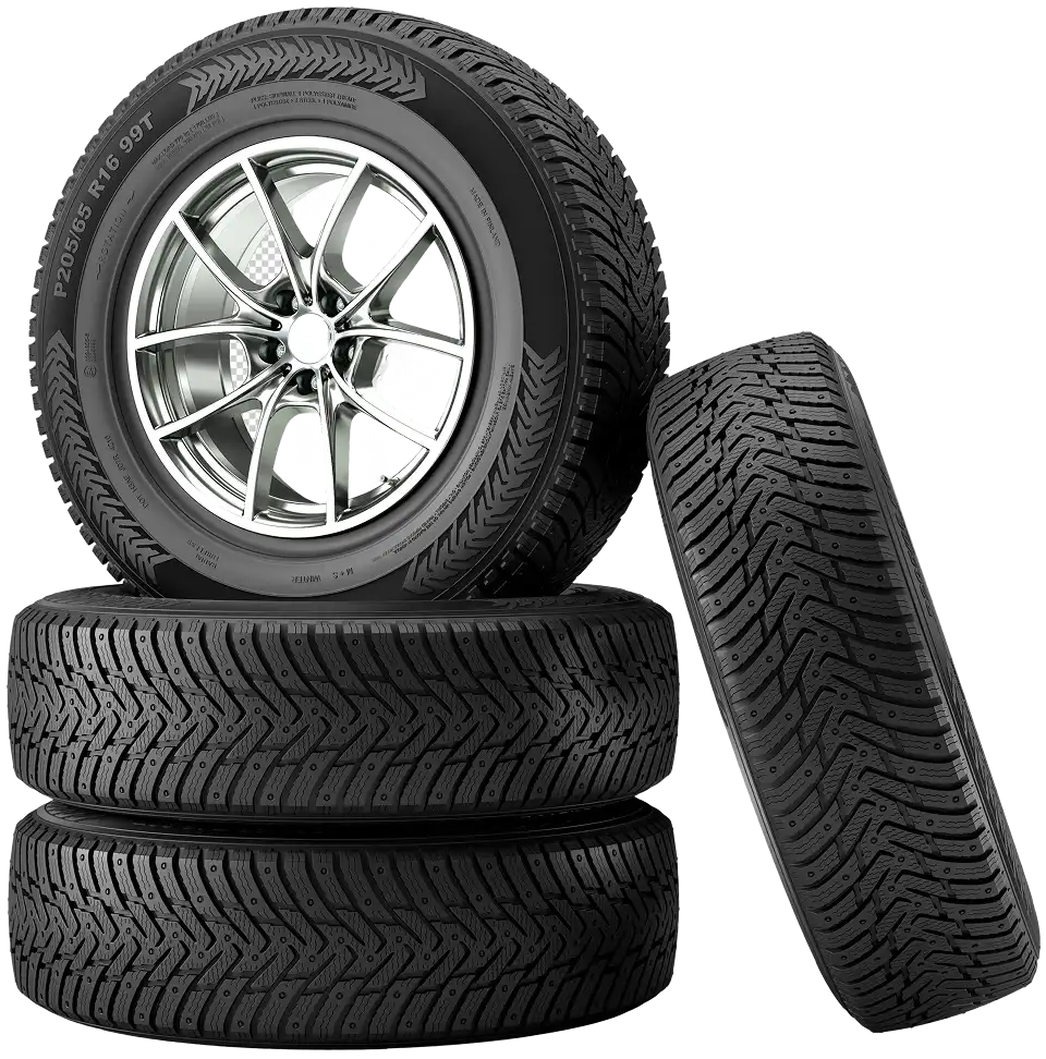 Hoogwaardige set voertuigbanden met lichtmetalen velg, geïsoleerd op een transparante achtergrond voor automotive- en bandenservicewebsites.